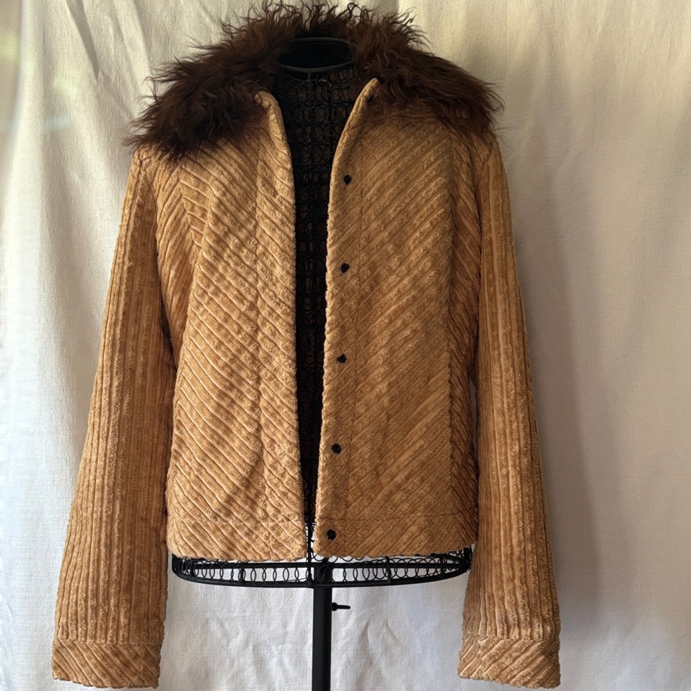 Stefanel Tan Corduroy Jacket with Real Fur Collar (S/M)